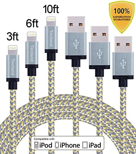 Tecland 3Pack 3FT 6FT 10FT Lightning Cable Nylon Braided Lightning to USB Charging Cord Charger for iPhone 6s,6, 6plus,6s plus, iPhone 5s 5 5c SE, iPad &amp; iPod (gold &amp; gray)