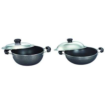 Prestige Omega Select Plus Non-Stick Flat Base Kadai with Lid, 20cm, 2.2 Liters, Black & Omega