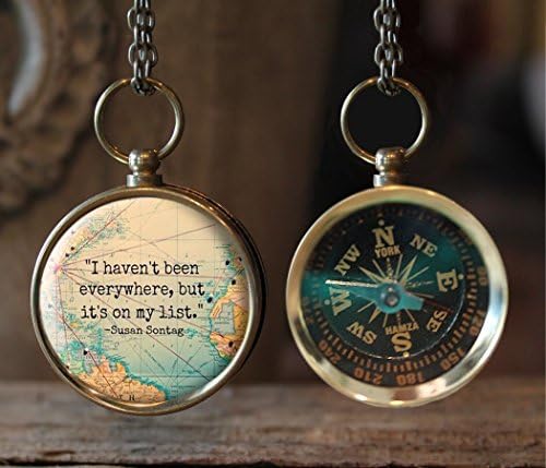"I Havent been everywhere but it's on my list" Vintage Look Travel Map Working Compass Necklace