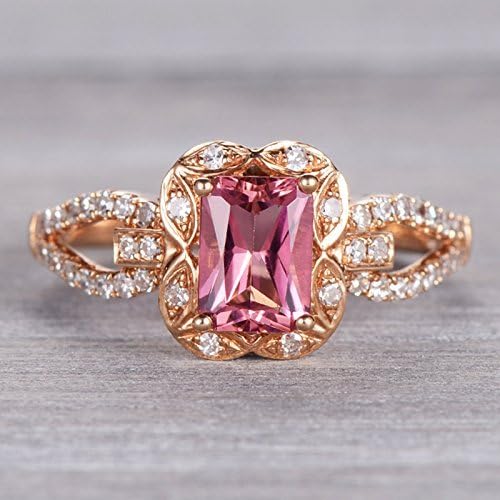 Princess Shape Rubellite Tourmaline Ring in 18k Rose Gold,Rubellite Tourmaline and Diamond Ring,Half Eternity Diamond Ring