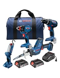 Bosch GXL18V-496B22 Kit de 4 piscinas de 18 V con compacto y resistente de 0.5 in Taladro conductor, 1 4 pulgadas. y 0.5 in. Destornillador de impacto 2 en uno, sierra de reabastecimiento compacta y luz de trabajo LED.