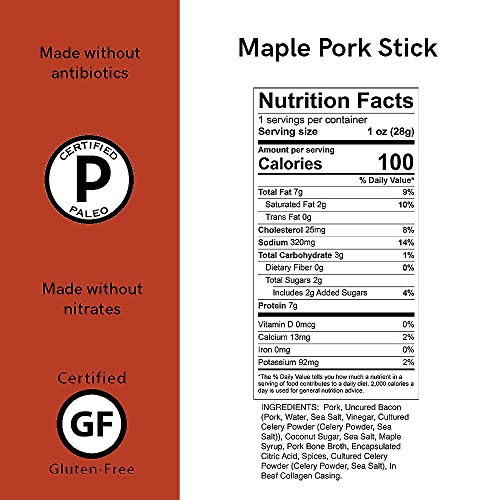 Caveman Foods Paleo - Certified, Keto Friendly, Gluten Free, Low Carb Maple Pork with Uncured Bacon Snack Stick, 1 Ounce, 20 count