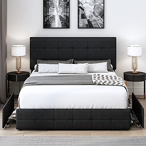 Kealive Upholstered Platform Bed Frame with 4 Storage Drawers