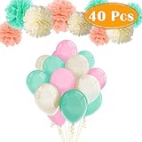 Paxcoo 40pcs Mint and Pink Balloons with Tissue Paper Flower Pom Poms for Baby Shower Party Decorations