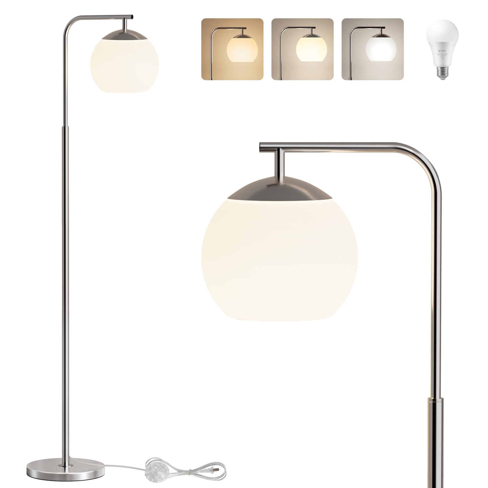 Photo 1 of FIGDIFOR Modern Floor Lamps with Globe Shade, 3 Color Temperatures & Foot Switch, Mid Century Standing Lamp Tall for Bedroom, Living Room, Office, Silver