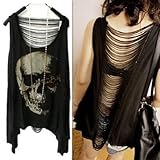Women Vintage Punk Style Skull Open Back Tassel Tank Top Vest (One Size, Black)