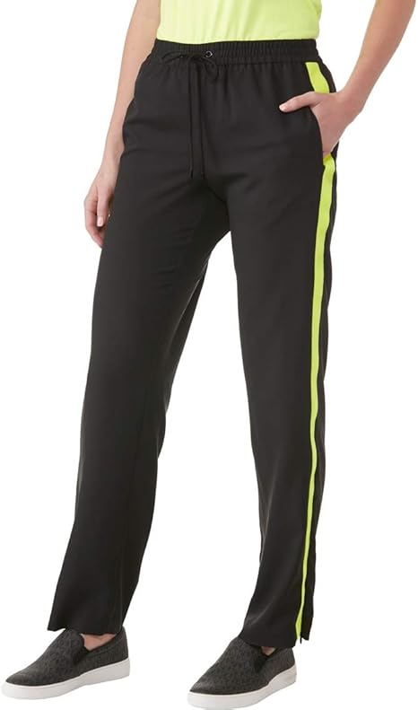 yellow track pants with black stripe