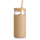 Tronco 20 oz Glass Tumbler with Lid and Straw, Iced Coffee Cup and Smoothie Cup with Bamboo Lids & Protective Silicone Sleeve, Dishwasher Safe, BPA-Free, Glass Cup 1 Pack