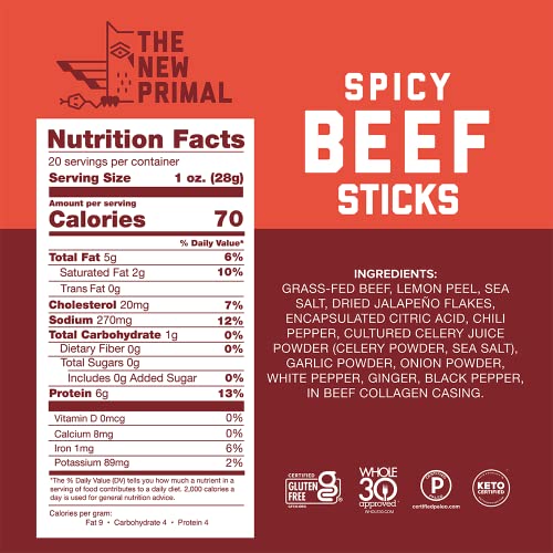 The New Primal Spicy Beef Stick (20 Count) 1 oz Meat Stick 100 GrassFed Beef Snack
