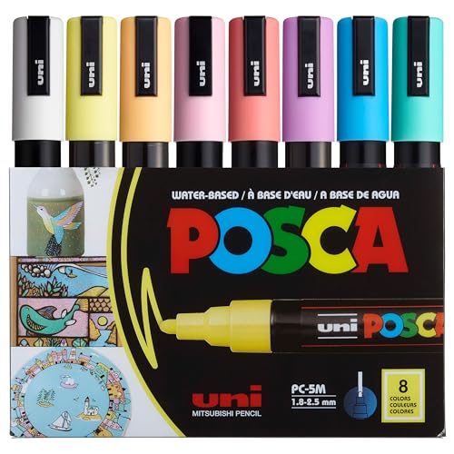 posca Markers Set, 8 Medium Paint Markers 5M – Soft Tones – White, Sunshine Yellow, Apricot, Light Pink, Coral Pink, Lavender, Light Blue, Aqua Green