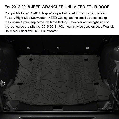 Black Cargo Liner Rear Trunk Floor Mat Compatible with 2011-2018 Jeep Wrangler JK Unlimited 4 Door All Weather Protector TPE Cargo Tray Cover with or Without Factory Right Side Subwoofer