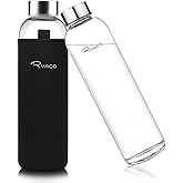 Ryaco Borosilicate Glass Water Bottle 33oz/1L/1000ml BPA-Free Leak Proof Ideal for School Home Office Travel Sport Yoga Gym Hot Cold Drinks with Portable Neoprene Carrying Sleeve and Sponge Brush
