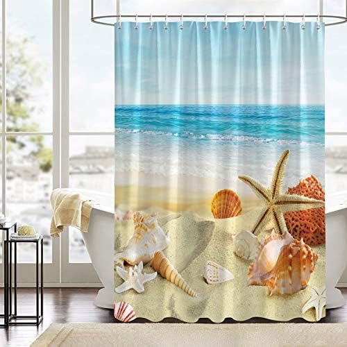 Bonhause Beach Shower Curtain with 12 Hooks Seashell Starfish Seaside
