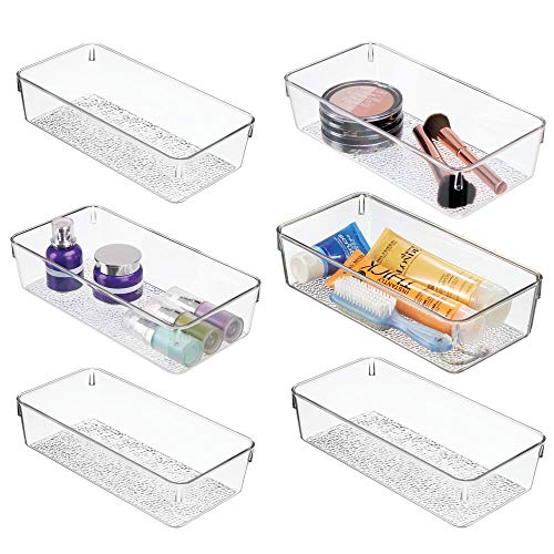 mDesign Plastic Drawer Organizer Storage Tray for Bathroom Vanity, Countertop, Cabinet - Holds Makeup Brushes, Eyeliner, Lip Pencils, Hair Accessories - Textured Base, 6" Wide, 6 Pack - Clear