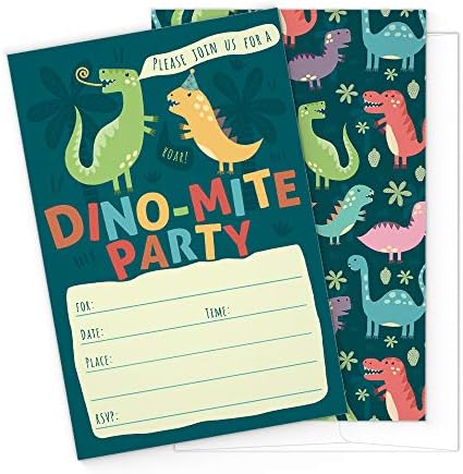 Dinosaur Kids Party Invitation Cards – Lots of Fun with a Pun! 25 High Quality Invites with Envelopes for T-Rex Kids Party, Jurassic Birthday or a Dino Themed Baby Shower.