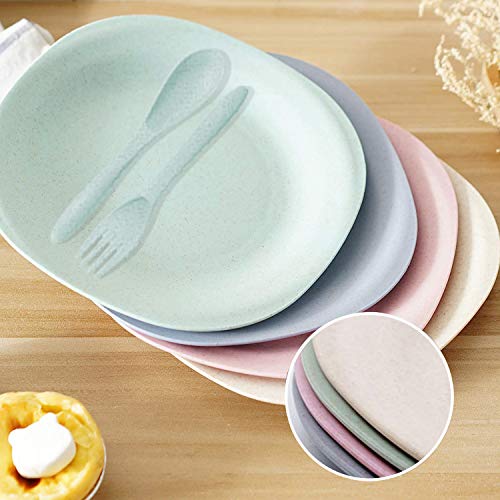 Saike 7.3\'\' 4Pack Wheat Straw Plates Set, Unbreakable Dishwasher and Microwave Safe Plates, Wheat Plates with Forks and Spoons
