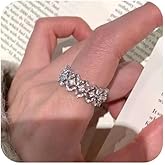 14K Gold / 925 Sterling Silver Open Ring - Lace Edge Design with Brushed Diamond Pattern & Hollow Diamond Inlay, Women’s Elegant Band, Ideal for Engagement, Wedding & Anniversary (Silver)