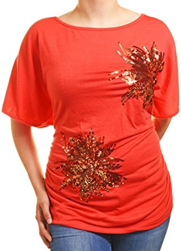 Roman Fashion Womens Sequin Fireworks Burst Ruched Shirt (Strawberry, 1X)