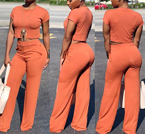 Women Solid O-Neck Short Sleeve Crop Tops High Wairst Flare Long Pants Jumpers 2 Piece Outfits