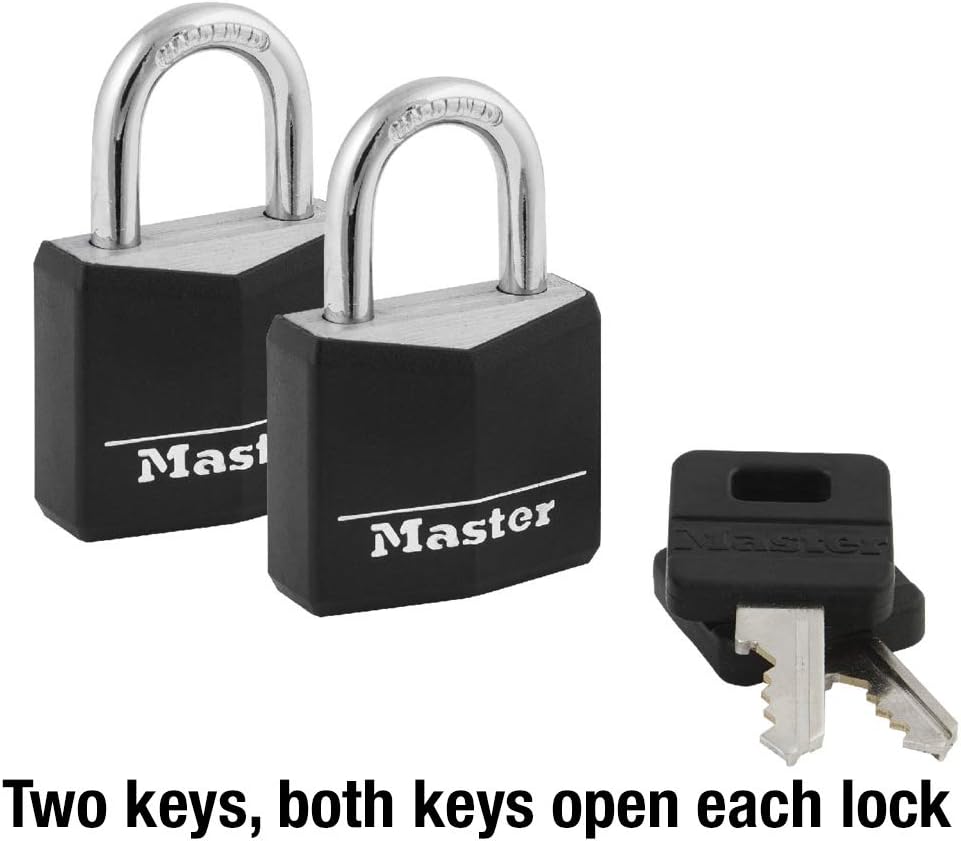 Master Lock 131T Covered Aluminum Keyed Alike Padlocks, 2 Pack, Black, 2 Count - Outdoor Locks - 