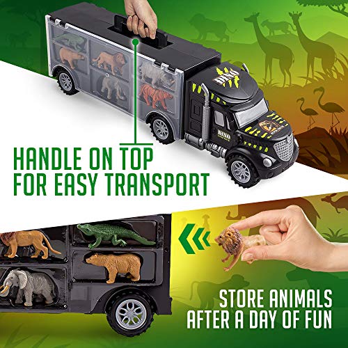 WolVol Hand Carry-On Wild Animals Transport Car Carrier Truck - Wildlife Transporter Toy On Wheels w/ 6 Mini Animal Models - Jungle Adventure Playset for Kids