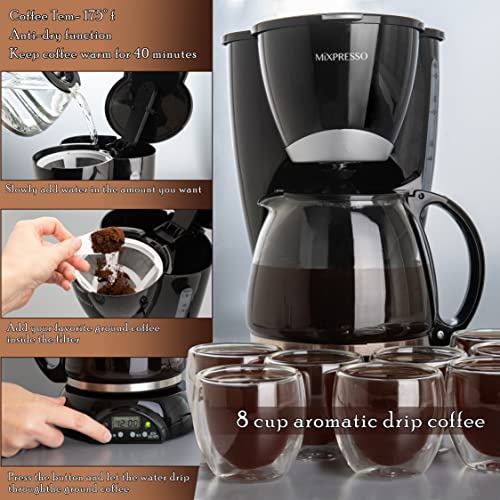 Mixpresso 8Cup Drip Coffee Maker Programmable, Coffee Pot Machine