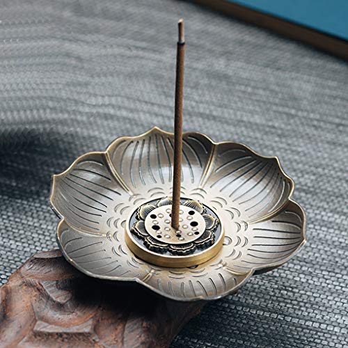 Moonlove Lotus Incense Burner Vintage Bronze Incense Stick Coil Holder Stand Ash Catcher Tray Plate Home Decor Birthday, 9 Holes