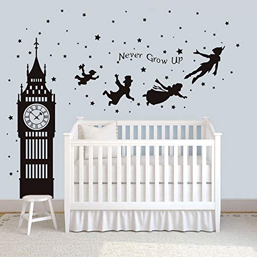 Runtoo Peter Pan Wall Decals Big Ben Clock Never Grow Up Quotes Stars