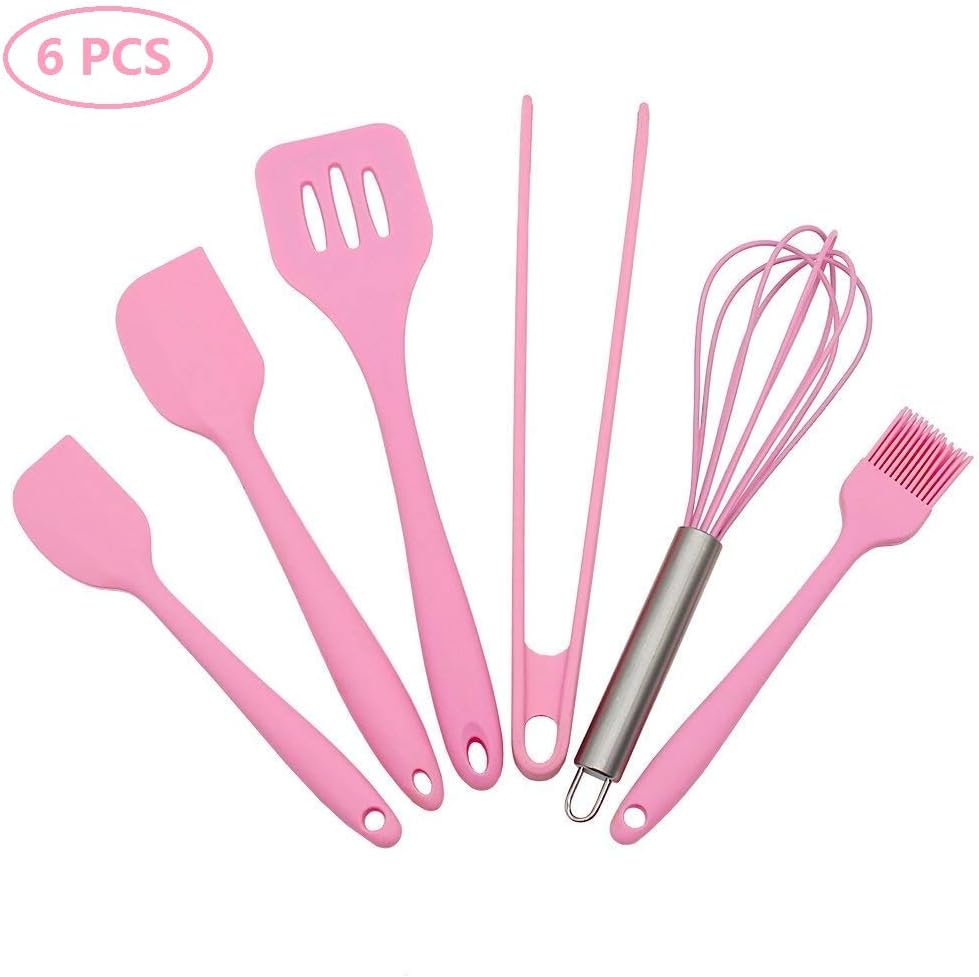 OUTANG Pink Kitchen Utensils Spatula Set Silicone Non-Stick Baking Tools Accessories for Cooking