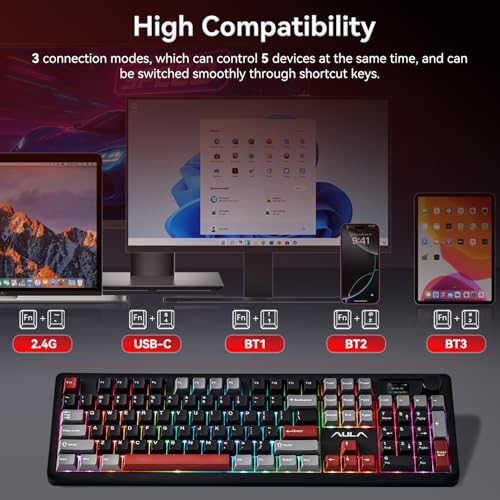 AULA F106 PRO Mechanical Wireless Keyboard,Gaming Keyboard with Knob & Screen Tri-Mode RGB Hot Swappable Custom PBT Keys with 8000mAh for PC/Laptop/Windows - Black Red