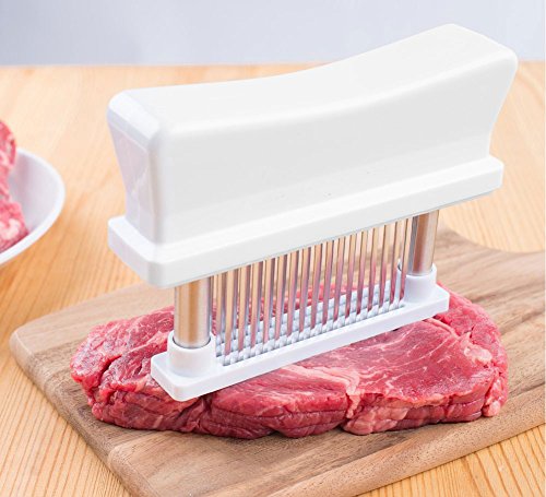 Professional Meat Tenderizer, 48-blade Meat Tenderizer Tool with Safety Lock - Sharp Stainless Steel Blades - Make Meat Tender with Less Shrinkage - Marinates Deeper - Reduces Cooking Time - Tenderizing Improves Taste and Texture on Cheaper Cuts (White)