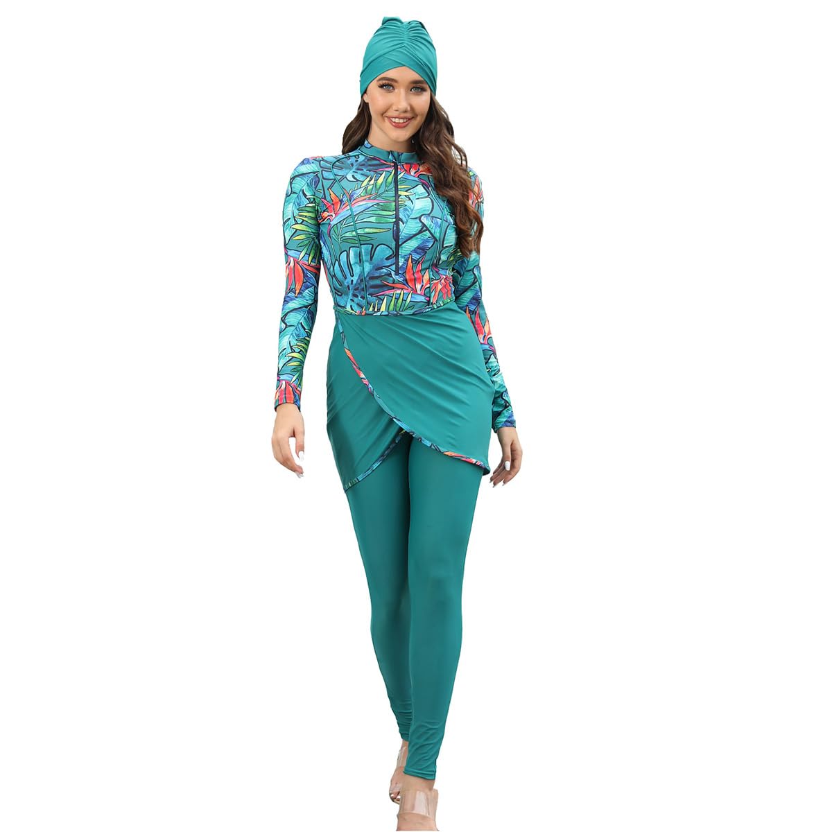 Photo 1 of Plus Size Rashguard Swimsuit For Women Muslim Swimwear Long Sleeve Burkini Full Cover Surf Swimsuits For Women Swim Top Dress Womens Bathing Suits With Pants Cap Beach Swimsuits Mint Green ff M