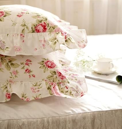 Bedding Linen Fadfay Shabby Pink Rose Floral Print Pillowcases Elegant Country Style Vintage Lace Ruffles Bedding Pillow Covers Standared Size 19 X 29 King Bulgaria Rose Ruffle Style Home Mceadvisory Com
