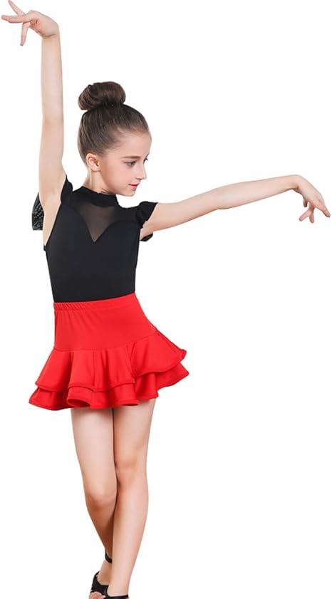 Amazon Rikouzy 女の子 ラテンダンス衣装 レオタードのトップスとスカートのセットアップ 練習着 キッズ 子供用ラテンダンス衣装 ステージ衣装 演出服 110cm キッズコスチューム おもちゃ