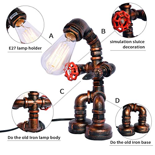 Lingkai Desk Table Lamp Industrial Retro Steampunk Desk Lights Rust Iron Robot Plumbing Pipe Light Table Light with Red Valve Handle and Switch