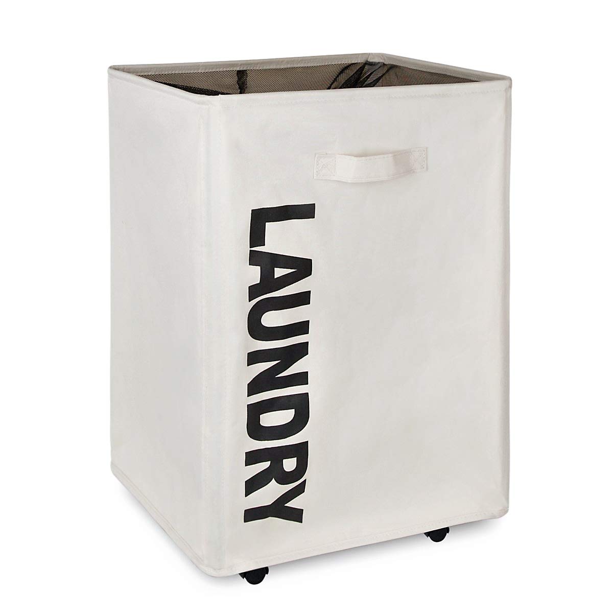 WISHPOOL Large Rolling Stand Folding Slide Laundry Basket Square Collapsible Waterproof Dirty Laundry Hamper Bin Organizer Storage with Mesh Wheels (Beige)