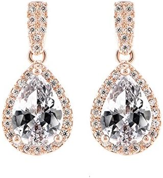 Frecici Rose Gold Plated Teardrop Earrings Dangle with Pear Shaped Cubic Zirconia Halo Earrings Bridal Jewelry ,0.9 In