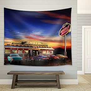 Retro American Diner at Dusk - Fabric Wall Tapestry Home Decor - 51x60 inches