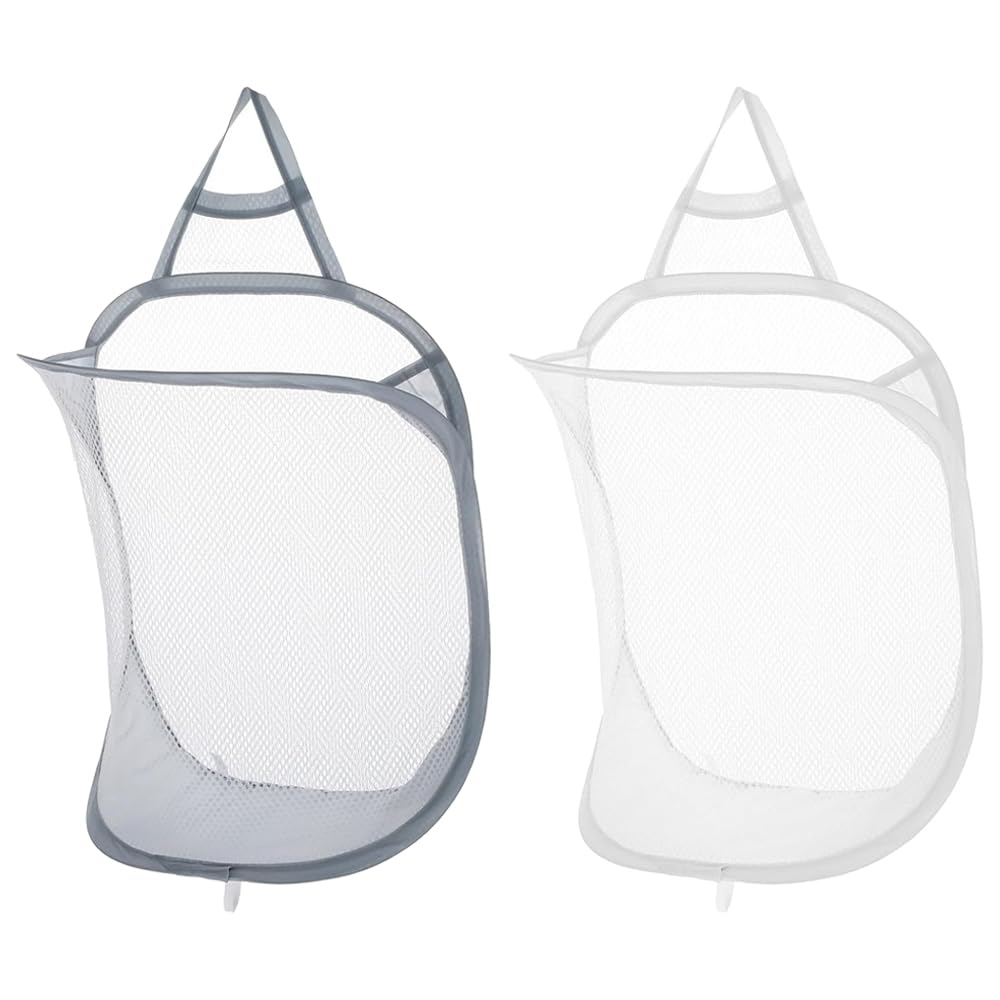 TRKETK 2 Pcs Hanging Laundry Hamper, Mesh Collapsible Small Wall Laundry Baskets Pop Up Laundry Hamper Organizer Dirty Clothes Mesh Bag Portable Laundry Bin for Home Hotel Travel Camping (White+Gray)