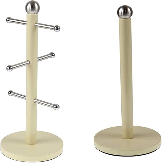 Cream Mug Tree and Kitchen Roll Holder Sturdy Stainless Steel 6 Cup Mug