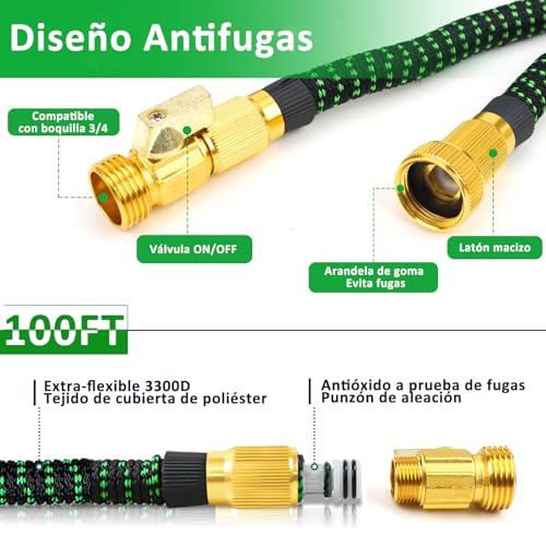 Manguera de Jardín,100FT/30M Manguera Expandible con 10 Modos de Pulverización,3/4" Conectores de Latón,Manguera de Agua Flexible a Prueba de Fugas sin Torceduras,para Regar Flores,Lavado de Autos