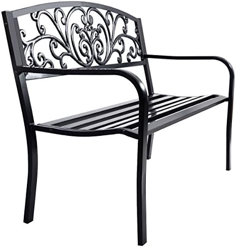 Black New 50" Patio Park Garden Bench Porch Chair Steel Frame Cast Iron Backrest