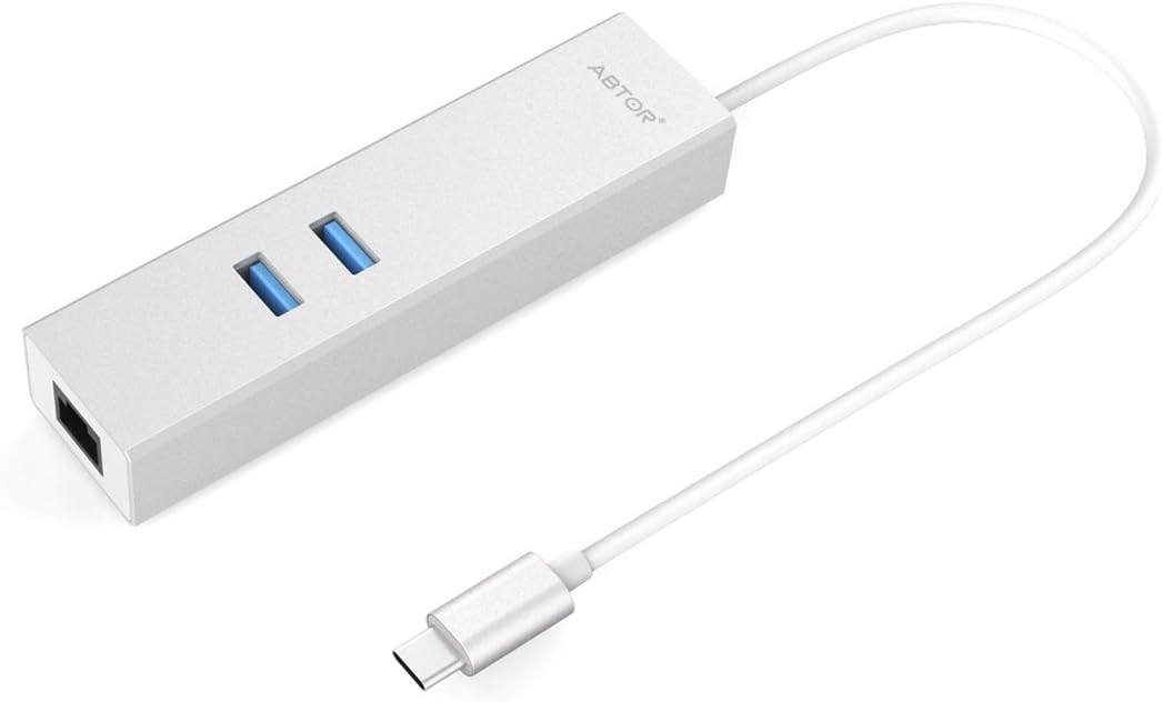 ABTOR USB C to 2-Port USB 3.0 Hub with Ethernet Adapter and Type-C Charging Port for Apple new MacBook 2016, ChromeBook Pixel and More (Silver Aluminum)