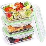 Glass Food Storage Containers Leakproof Meal Prep Lunch Containers Airtight with Locking Lids, Built-in Cutlery Set, Microwave, Freezer, Oven & Dishwasher Safe, BPA Free & FDA Approved (3 Set, 34 oz)