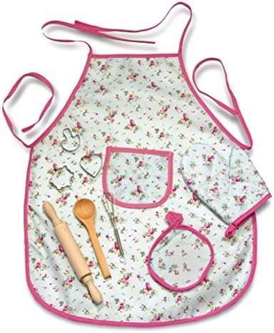Kids Adorable Mini Chef's Apron Set Pretend Play includes Apron, Cooking Mitt, Pot Holder, Rolling Pin, Spatula, Whisk and Cookie Cutters Complete Toy Kitchen Accessories Set (10 pcs)