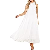 R.Vivimos Women's Summer Boho Ruffle Halter Sleeveless Mock Neck Tie Back Flowy Maxi Dress with Pockets