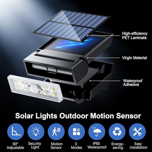 Giliwosy Outdoor Solar Lamp, 90° Adjustable Outdoor LED Floodlight with Motion Sensor and Night Light, IP65 Waterproof Solar Light for Garden, Wall, Garage Decoration (2 Pieces)