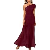 LAGSHIAN Women's Elegant Formal Long Dress One Shoulder Sleeveless Ruched Bodycon Evening Dress