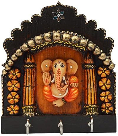 SAARTHI Rajasthani Ethnic Wooden Paper Mache Hand Crafted Divine Spiritual Auspicious Ganesha Key Holder Cum Showpiece -3 Hooks