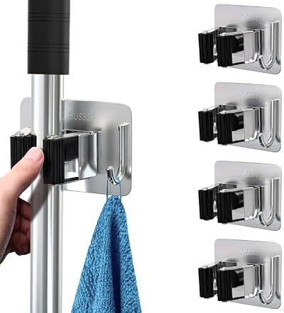 homeasy Mop Broom Holder 4 Pcs Stainless Steel Self Adhesive Wall Mount